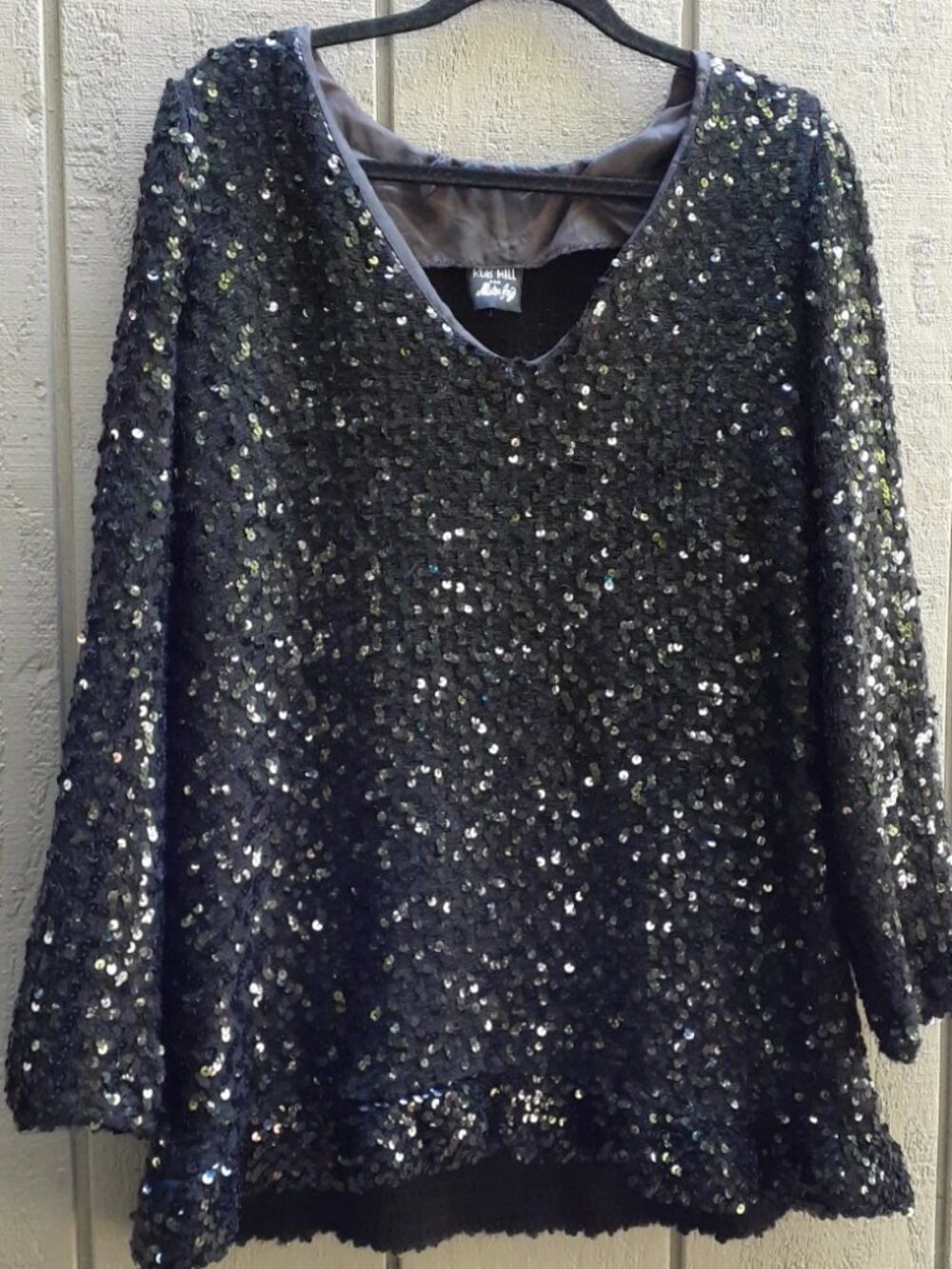 Vtg Rob Hill for Mister Jay Sequin V Neck Tunic Top Mini Dress Black Long Sleeve